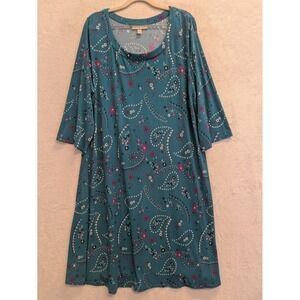 Woman Within Womens Dress Size 18/20 L Teal Paisley‎ Print 3/4 Sleeve Casual